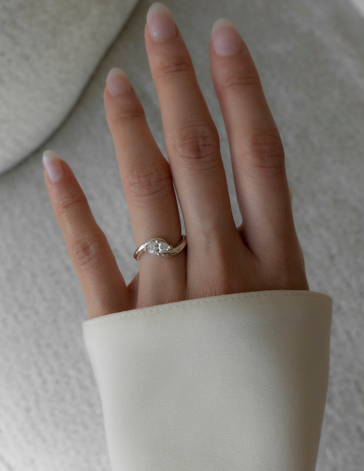 Cadette Silver Marquise Rapture engagement ring. Silver Marquise Ocean Inspired Engagement Ring. Silver Marquise Nature Inspired Engagement Ring.