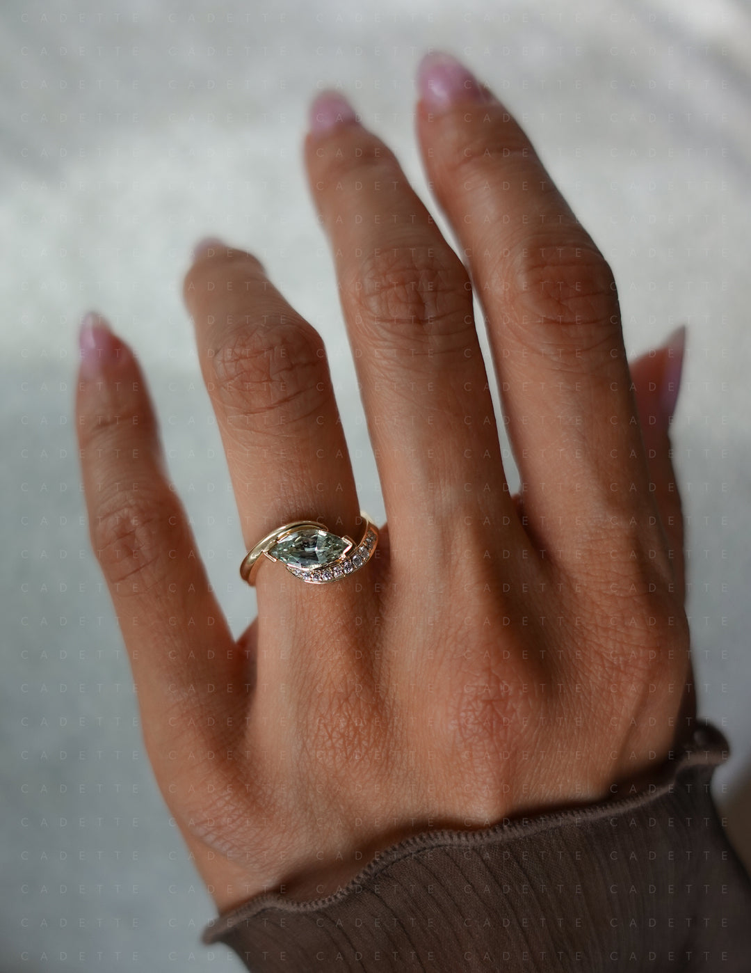 One-of-a-kind — 1.12CT Montana Pastel Green Sapphire Marquise Demi Pavé Rapture Ring