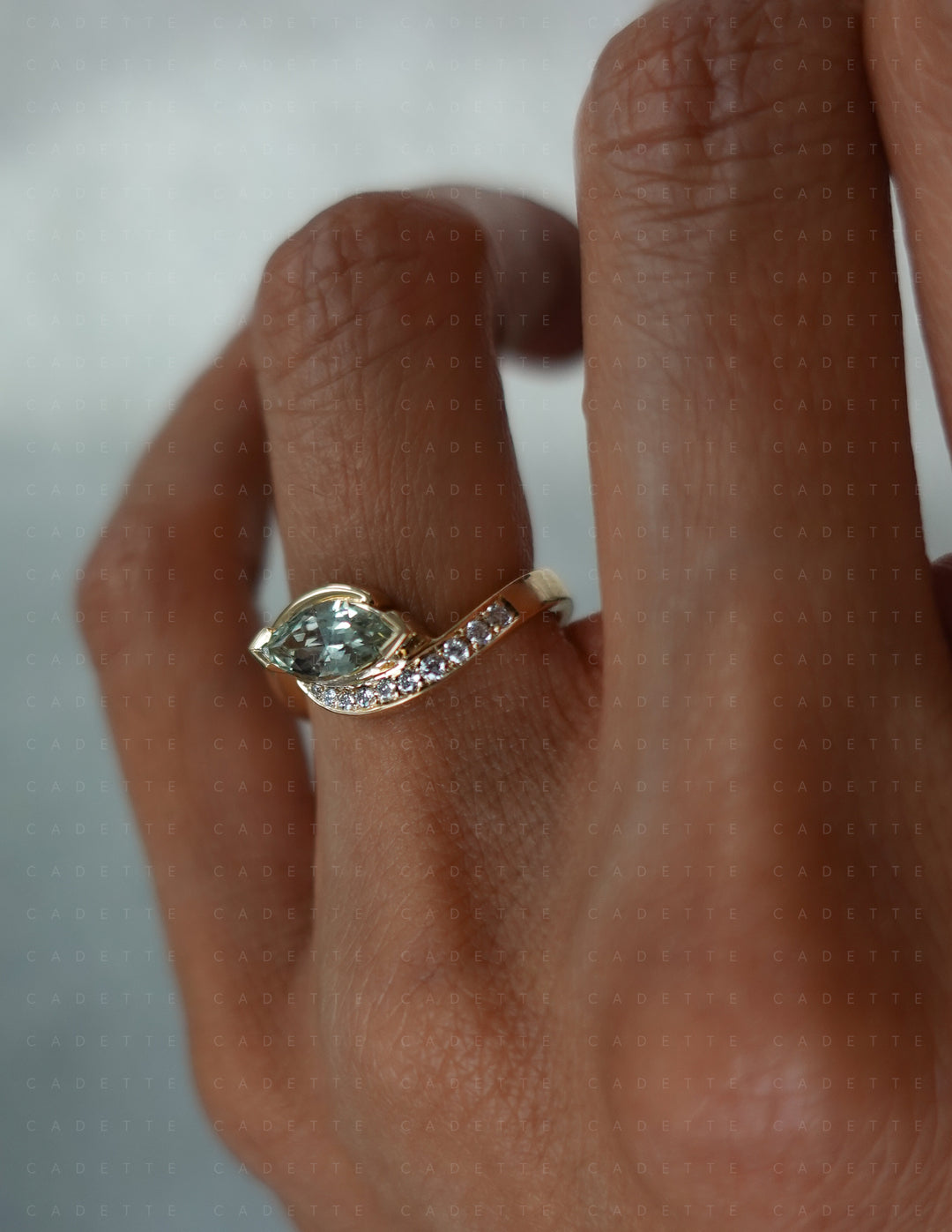 One-of-a-kind — 1.12CT Montana Pastel Green Sapphire Marquise Demi Pavé Rapture Ring