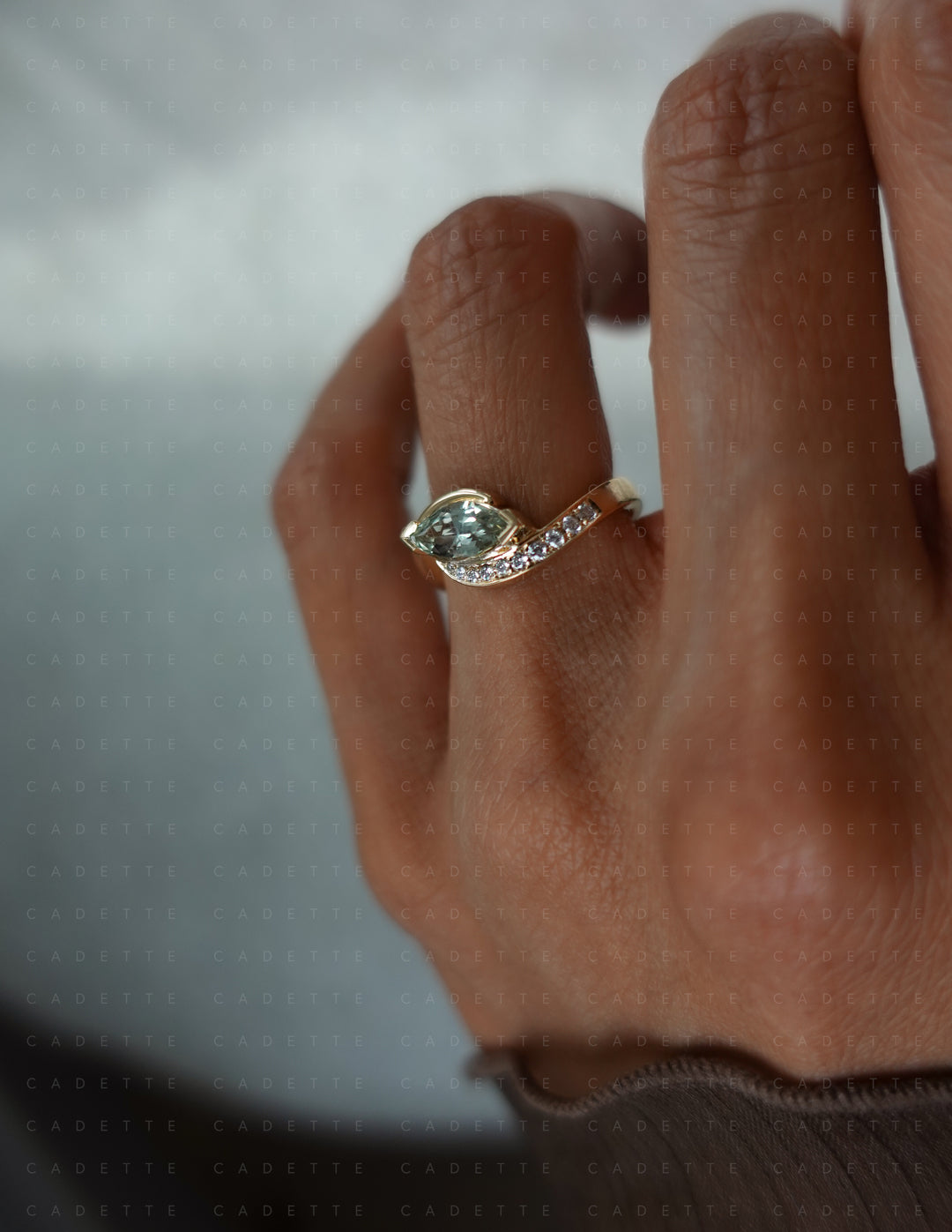 One-of-a-kind — 1.12CT Montana Pastel Green Sapphire Marquise Demi Pavé Rapture Ring