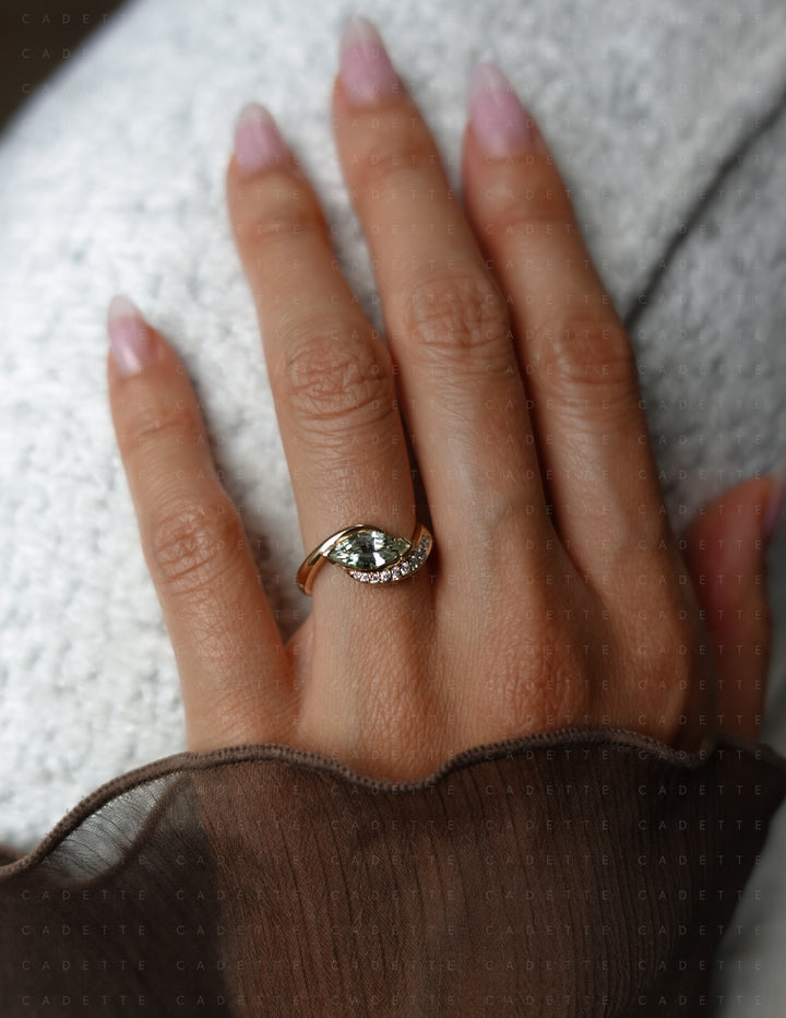 One-of-a-kind — 1.12CT Montana Pastel Green Sapphire Marquise Demi Pavé Rapture Ring