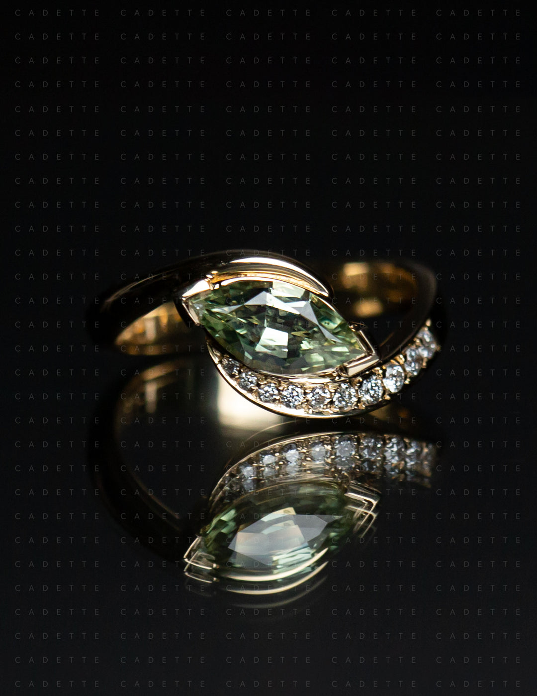 One-of-a-kind — 1.12CT Montana Pastel Green Sapphire Marquise Demi Pavé Rapture Ring