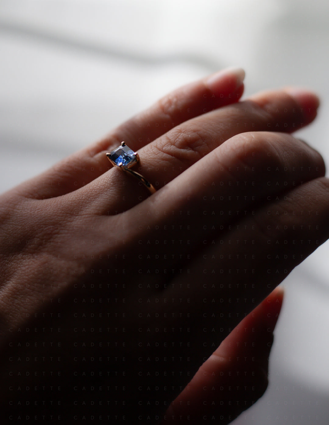 One-of-a-kind — 1.25ct Blue Emerald Cut Sapphire HORIZONTAL Rapture Ring