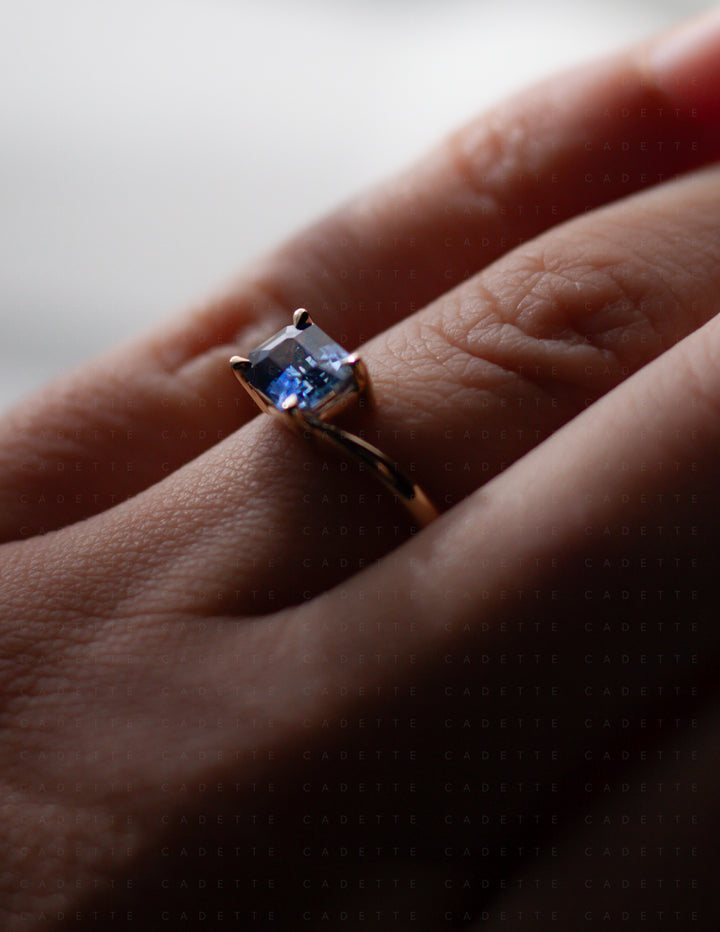 One-of-a-kind — 1.25ct Blue Emerald Cut Sapphire HORIZONTAL Rapture Ring
