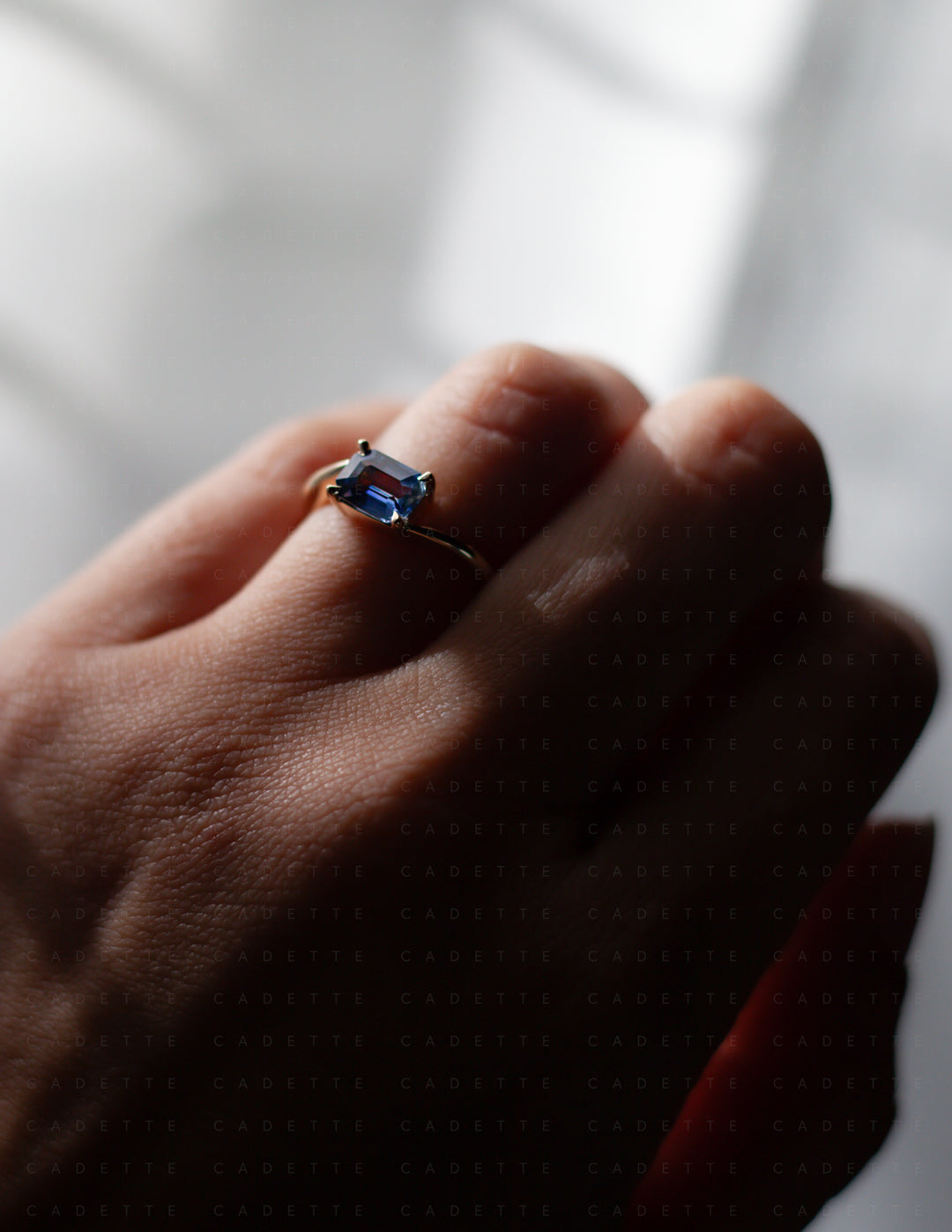 One-of-a-kind — 1.25ct Blue Emerald Cut Sapphire HORIZONTAL Rapture Ring