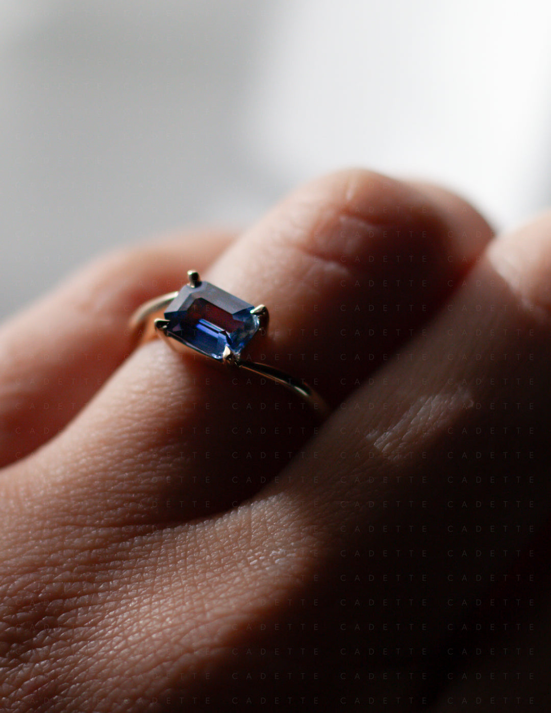 One-of-a-kind — 1.25ct Blue Emerald Cut Sapphire HORIZONTAL Rapture Ring