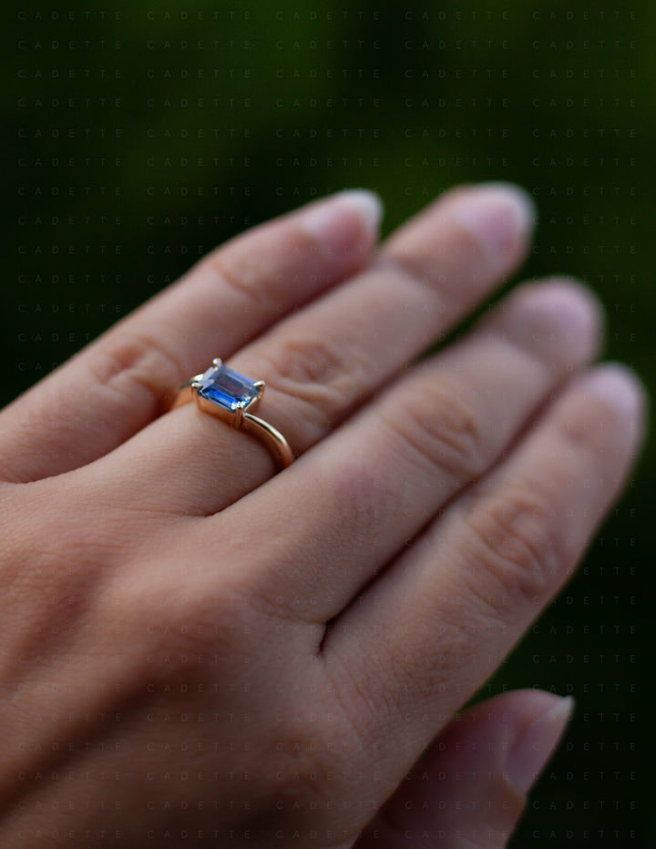 One-of-a-kind — 1.25ct Blue Emerald Cut Sapphire HORIZONTAL Rapture Ring