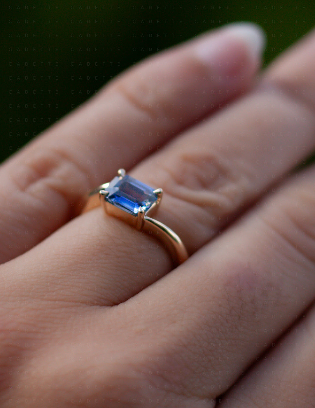 One-of-a-kind — 1.25ct Blue Emerald Cut Sapphire HORIZONTAL Rapture Ring