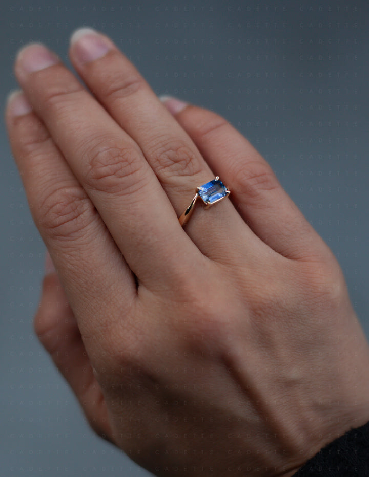 One-of-a-kind — 1.25ct Blue Emerald Cut Sapphire HORIZONTAL Rapture Ring