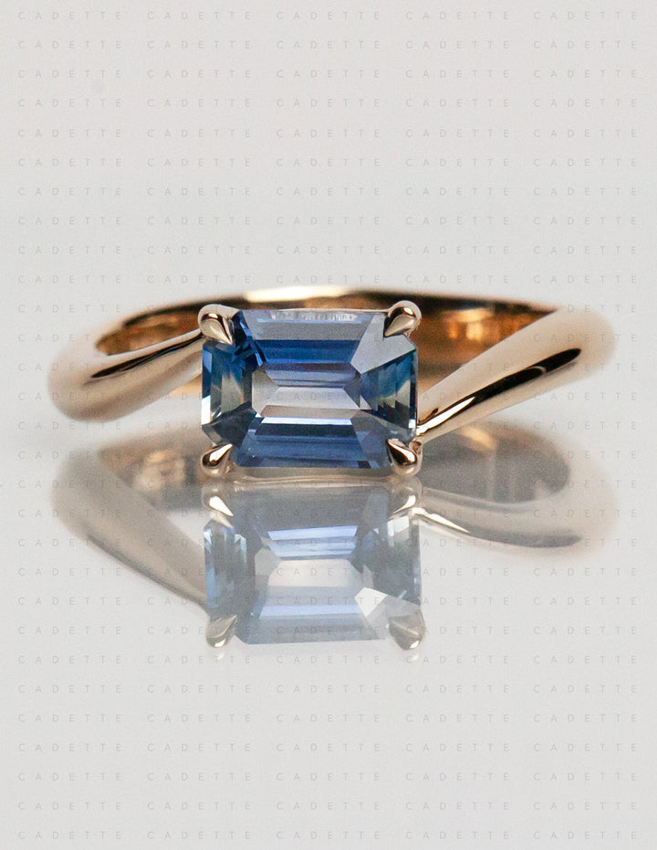 One-of-a-kind — 1.25ct Blue Emerald Cut Sapphire HORIZONTAL Rapture Ring