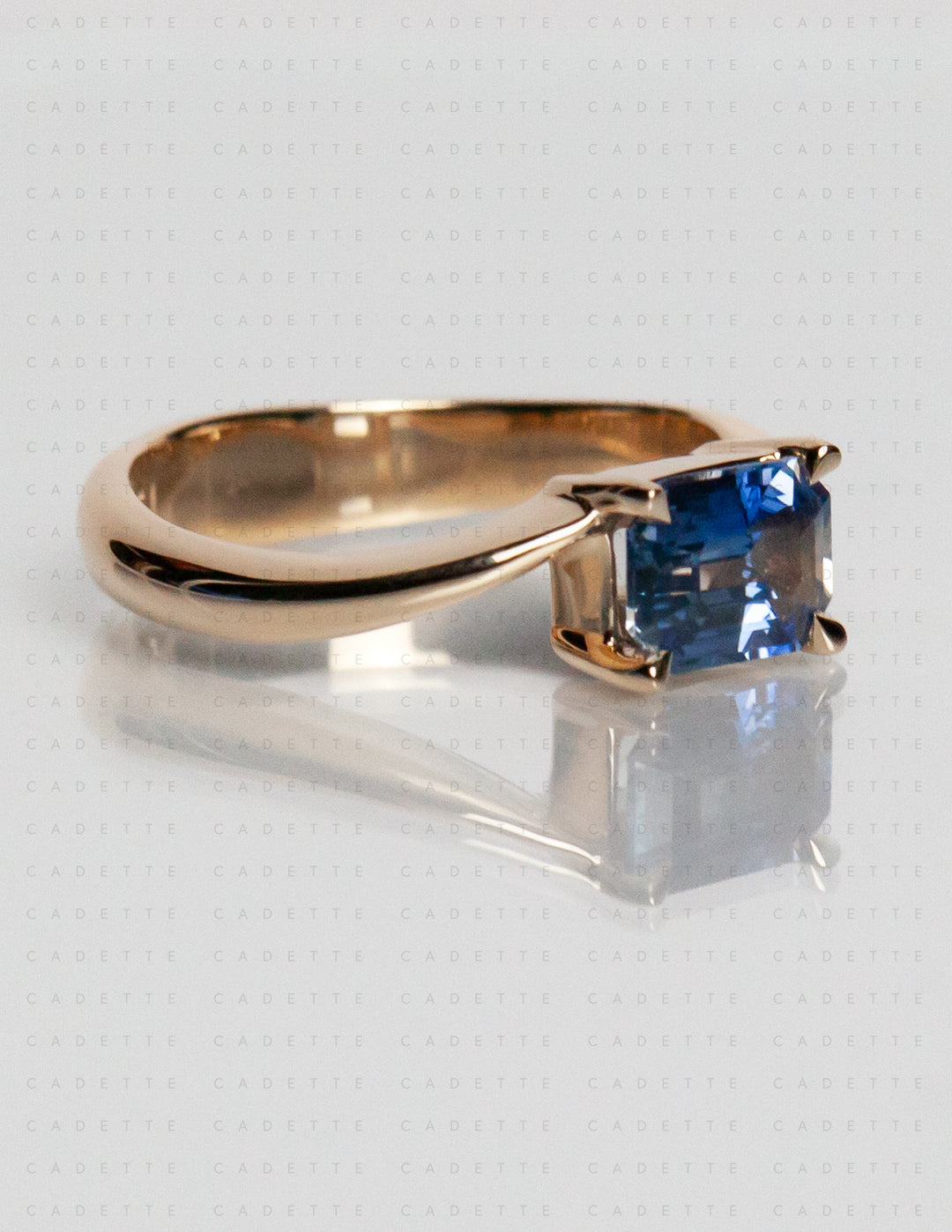 One-of-a-kind — 1.25ct Blue Emerald Cut Sapphire HORIZONTAL Rapture Ring