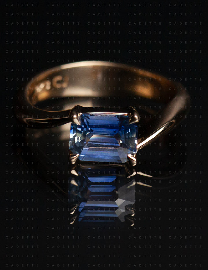 One-of-a-kind — 1.25ct Blue Emerald Cut Sapphire HORIZONTAL Rapture Ring