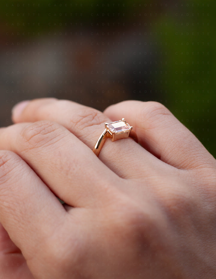 One-of-a-kind — 1.35ct Pink Emerald Cut Sapphire HORIZONTAL Rapture Ring