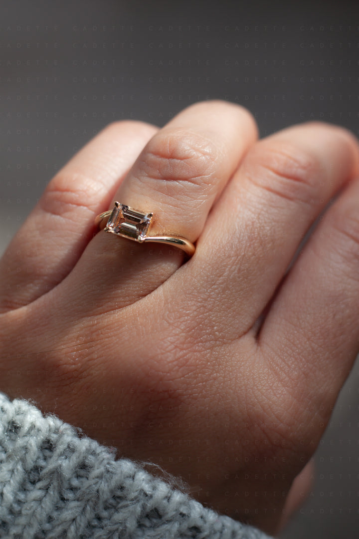 One-of-a-kind — 1.35ct Pink Emerald Cut Sapphire HORIZONTAL Rapture Ring