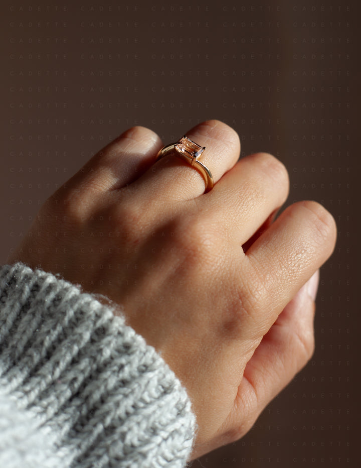One-of-a-kind — 1.35ct Pink Emerald Cut Sapphire HORIZONTAL Rapture Ring