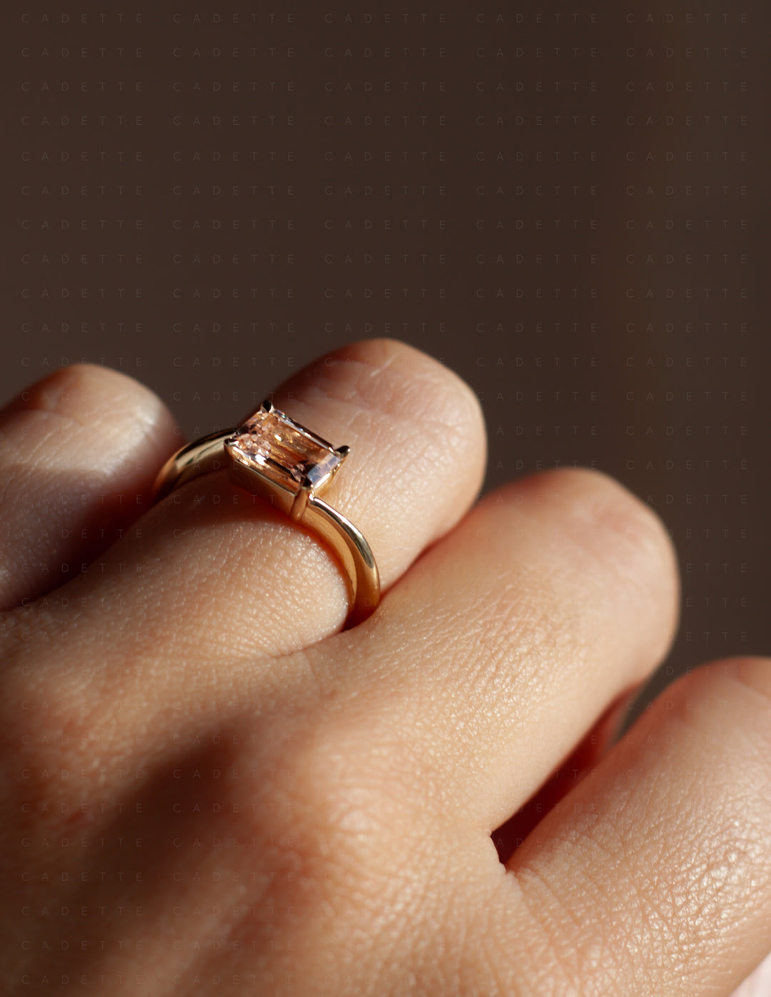 One-of-a-kind — 1.35ct Pink Emerald Cut Sapphire HORIZONTAL Rapture Ring