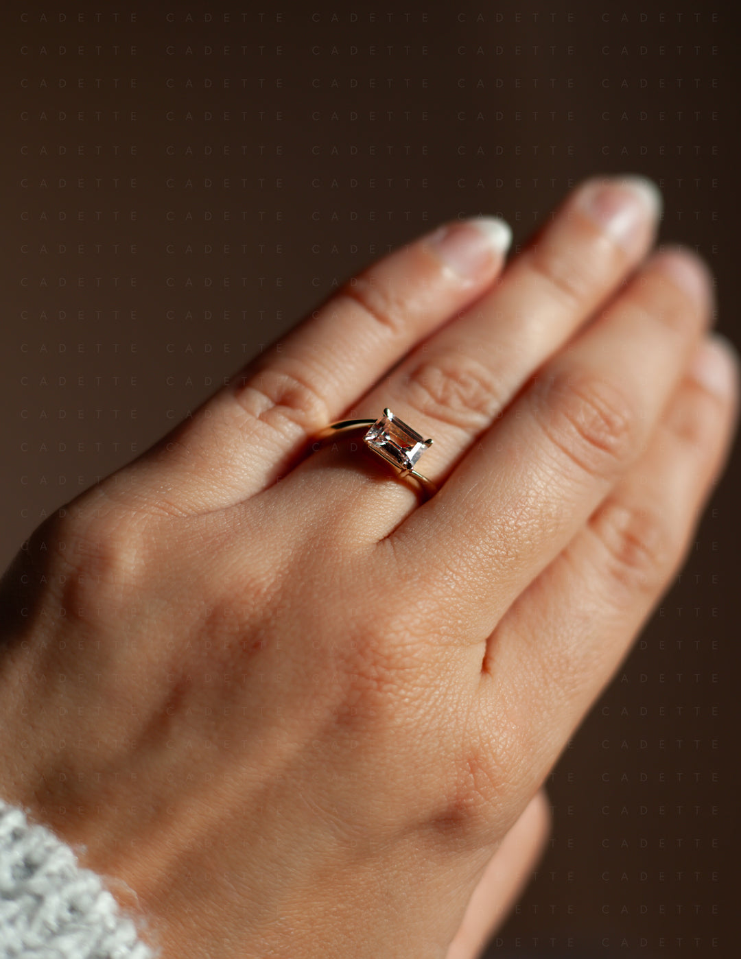 One-of-a-kind — 1.35ct Pink Emerald Cut Sapphire HORIZONTAL Rapture Ring