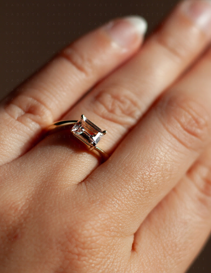 One-of-a-kind — 1.35ct Pink Emerald Cut Sapphire HORIZONTAL Rapture Ring