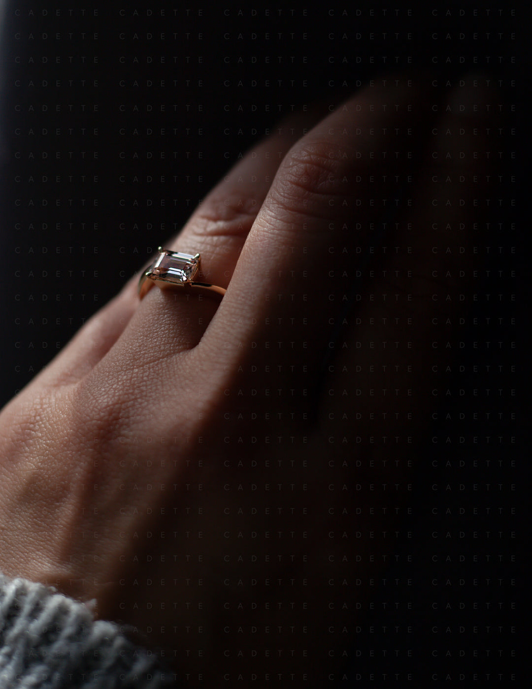 One-of-a-kind — 1.35ct Pink Emerald Cut Sapphire HORIZONTAL Rapture Ring