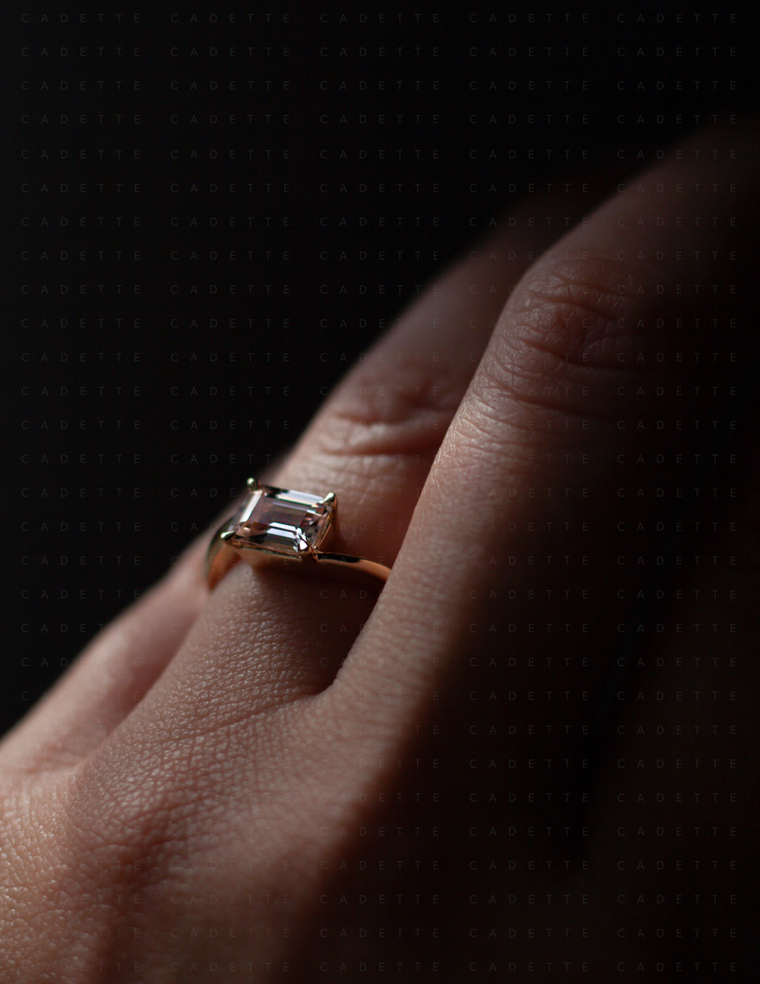 One-of-a-kind — 1.35ct Pink Emerald Cut Sapphire HORIZONTAL Rapture Ring