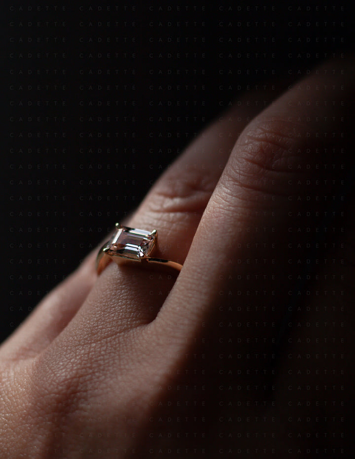 One-of-a-kind — 1.35ct Pink Emerald Cut Sapphire HORIZONTAL Rapture Ring