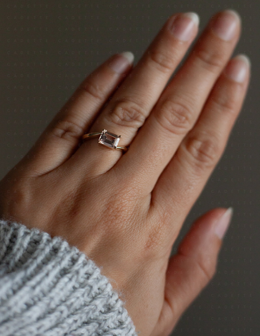One-of-a-kind — 1.35ct Pink Emerald Cut Sapphire HORIZONTAL Rapture Ring