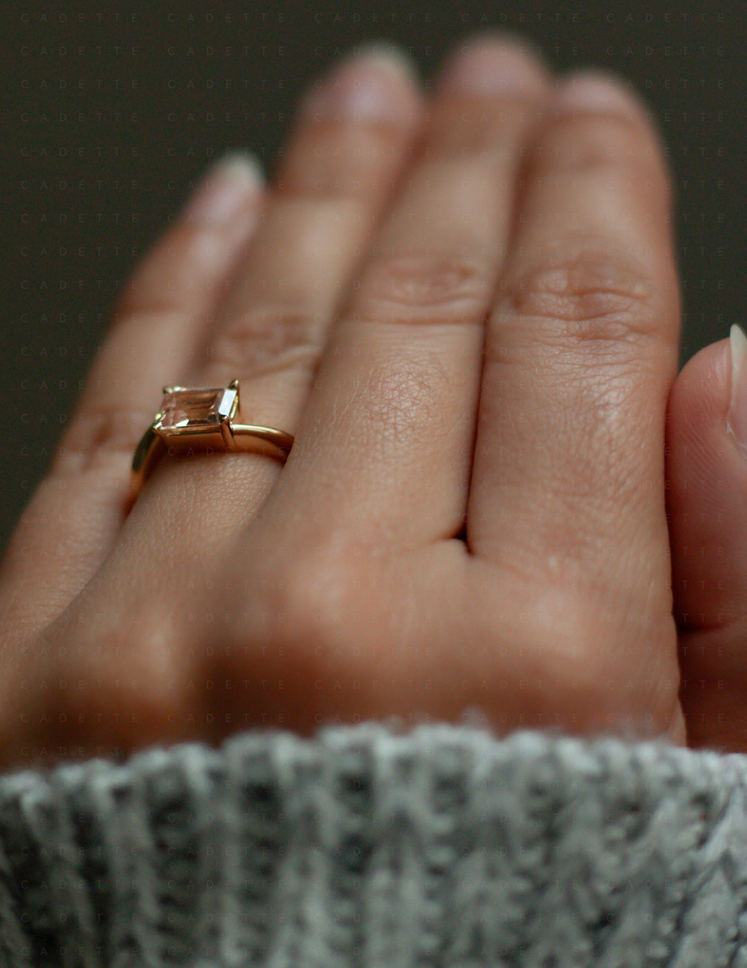 One-of-a-kind — 1.35ct Pink Emerald Cut Sapphire HORIZONTAL Rapture Ring