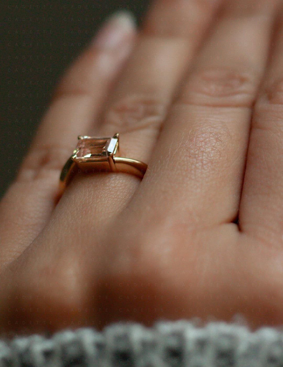 One-of-a-kind — 1.35ct Pink Emerald Cut Sapphire HORIZONTAL Rapture Ring