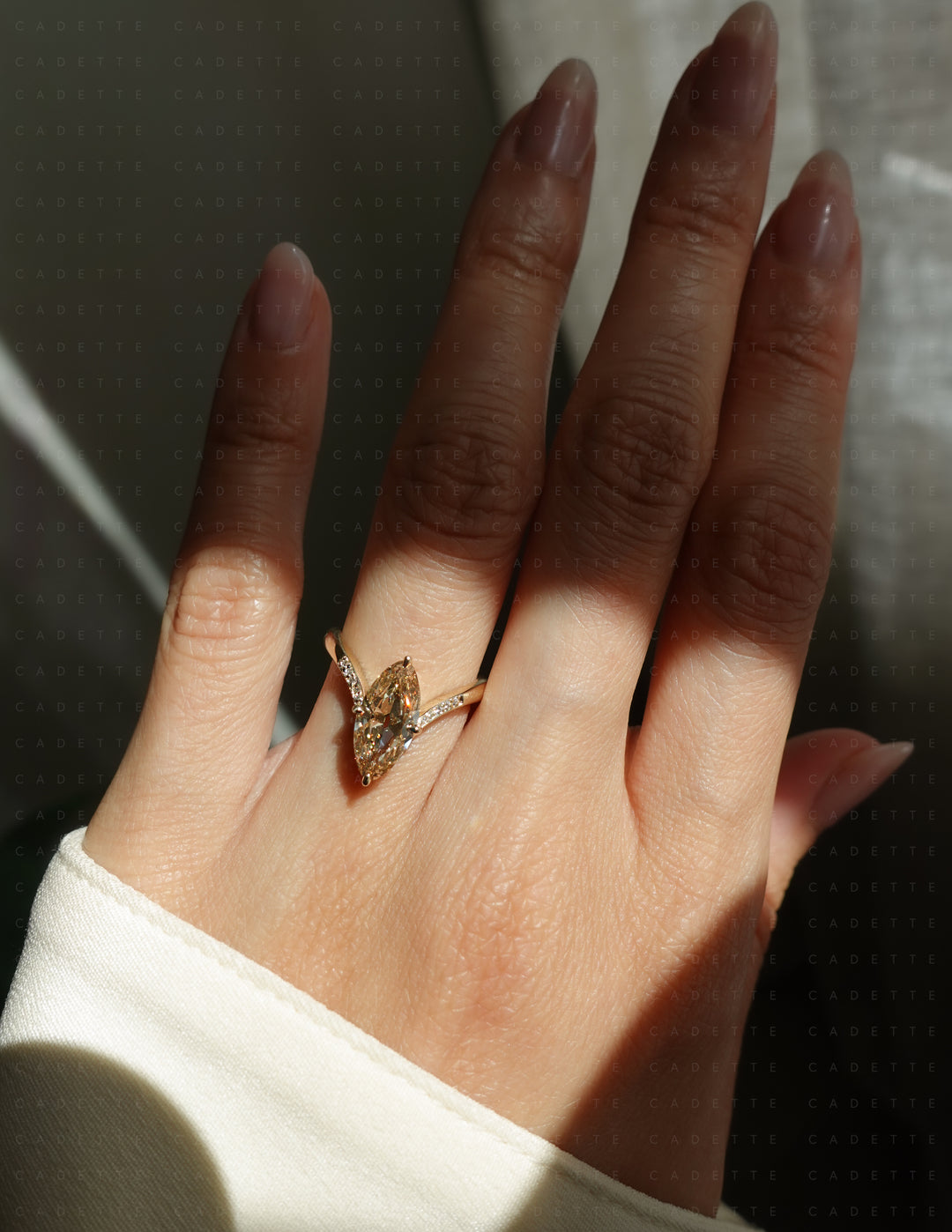 One-of-a-kind — 1.72ct Natural Champagne Diamond Moval Adorned Eve Ring