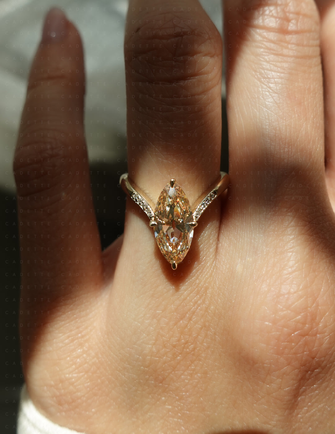 One-of-a-kind — 1.72ct Natural Champagne Diamond Moval Adorned Eve Ring
