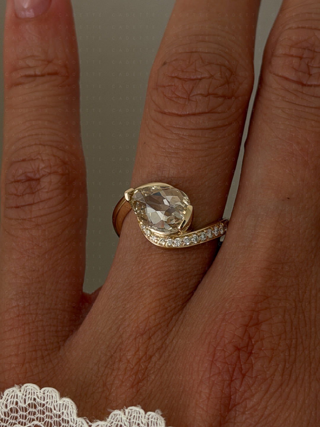 One-of-a-kind — 2ct Natural Champagne Diamond Pear Demi Pavé Rapture Ring