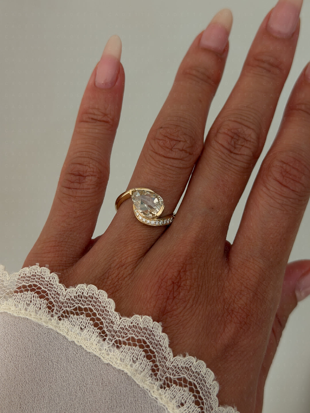 One-of-a-kind — 2ct Natural Champagne Diamond Pear Demi Pavé Rapture Ring