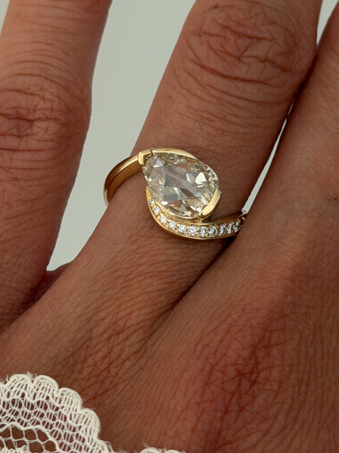 One-of-a-kind — 2ct Natural Champagne Diamond Pear Demi Pavé Rapture Ring