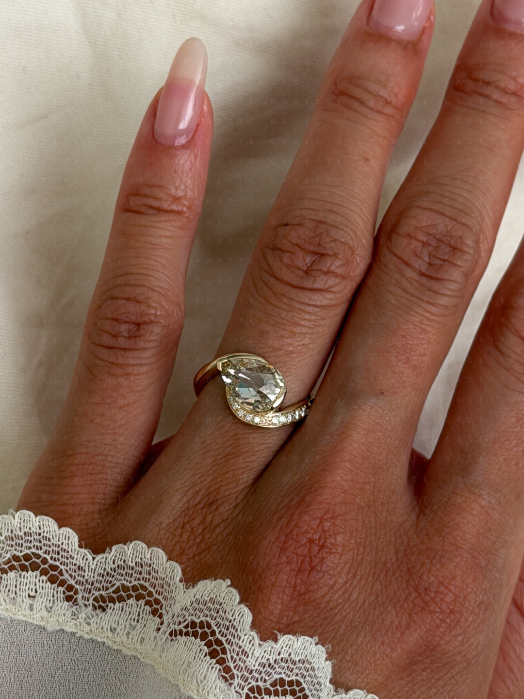One-of-a-kind — 2ct Natural Champagne Diamond Pear Demi Pavé Rapture Ring