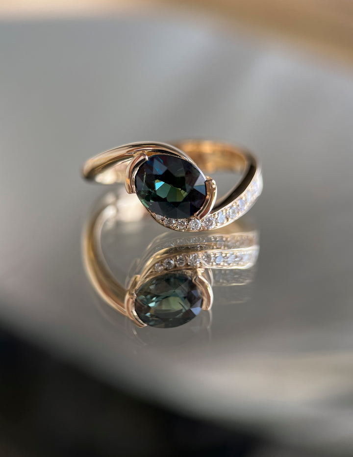 One-of-a-kind — 1.34CT Green-Blue Oval Sapphire Demi Pavé Rapture Ring