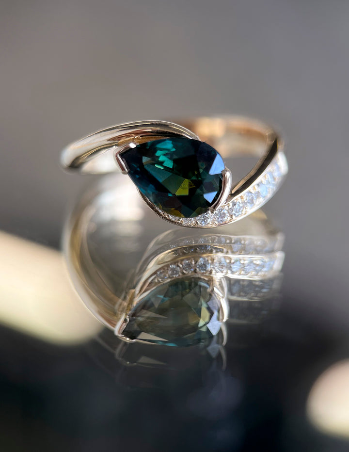 One-of-a-kind — 1.65CT Green-Blue Pear Sapphire Demi Pavé Rapture Ring