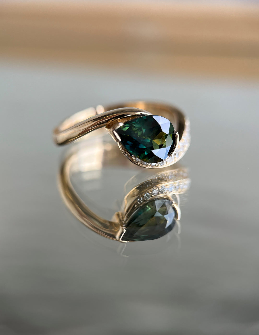 One-of-a-kind — 1.65CT Green-Blue Pear Sapphire Demi Pavé Rapture Ring