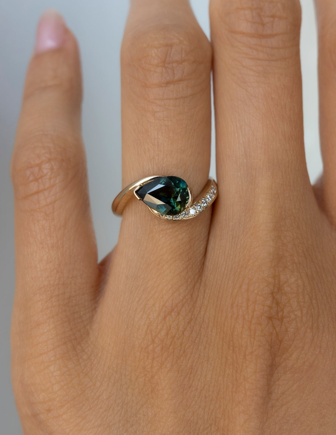 One-of-a-kind — 1.65CT Green-Blue Pear Sapphire Demi Pavé Rapture Ring