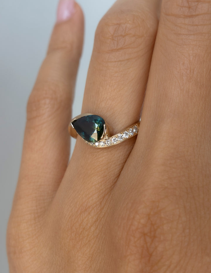 One-of-a-kind — 1.65CT Green-Blue Pear Sapphire Demi Pavé Rapture Ring